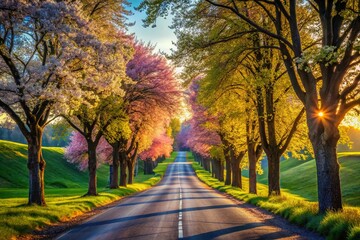  Lush Spring Road Surrounded by Blooming Trees and Vibrant Flowers, Capturing the Beauty of Nature in Full Color, Ideal for Travel and Landscape Photography