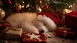 © BogdanNikolic - Cute, fluffy white puppy wearing a Christmas hat, sleeping under the tree surrounded by gifts.