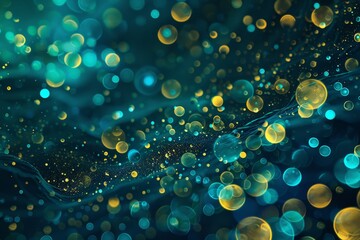 Poster - Bubbles of various sizes in vibrant blue and gold hues float gracefully in shimmering water, creating an enchanting abstract visual. The effect evokes a dreamlike underwater world.