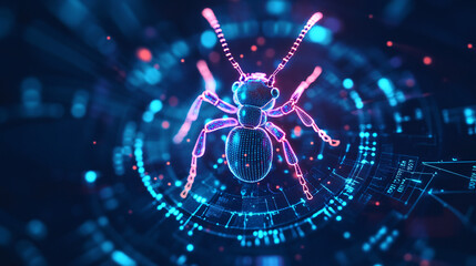 A glowing ant icon surrounded by teamwork metrics, representing online entomology platforms, ecological studies, and digital education resources. 