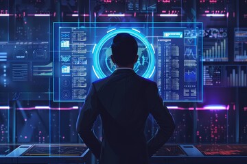 Poster - A business professional stands in a dimly lit office, intently analyzing interactive data displayed on a high-tech screen filled with graphs, charts, and statistics.