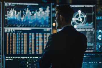 Poster - A business analyst studies various data visualizations on multiple screens in a dimly lit office at night, analyzing trends and patterns for decision-making.