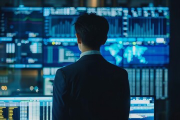 Poster - A business professional in a suit stands facing numerous screens displaying financial charts and global market information in a contemporary office setting at night.