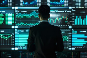 Poster - A business professional in formal attire studies various stock market graphs and data displayed across multiple screens, focusing intently on market trends at dusk.