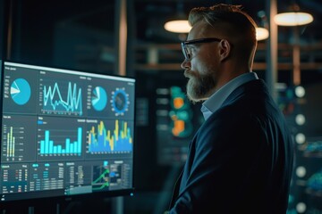 Poster - A business professional with a beard and glasses studies various data visualizations on a digital screen in a contemporary office, illuminated by ambient lighting.
