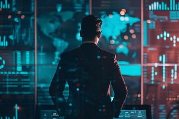 Poster - A business professional stands in a modern office, analyzing dynamic global data displays on multiple screens while observing a world map during the evening hours.