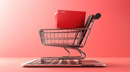 Poster - Red box in shopping cart on laptop keyboard