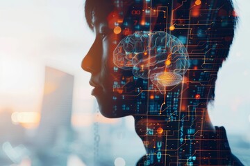 Poster - The profile of a young individual is highlighted against a sunset backdrop, featuring a vivid digital brain visualization symbolizing innovation in cognitive technology.