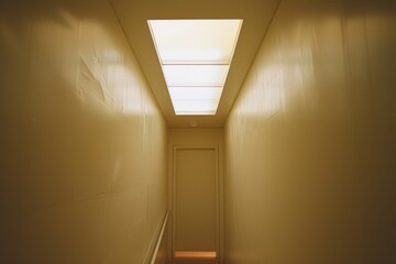 Poster - Bright skylights cast soft light down a long, narrow hallway, highlighting the beige walls and directing attention toward a closed door at the far end.