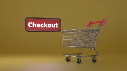 Poster - Shopping Cart Near Checkout Sign On Yellow Background