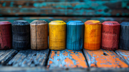 Wall Mural - Colorful Wooden Cylinders on Rustic Wood: A vibrant row of colorful wooden cylinders sits on a rustic wooden surface, showcasing a spectrum of hues against the textured backdrop.