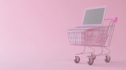 Poster - Pink Laptop Rests Inside Shopping Cart On Pink Background