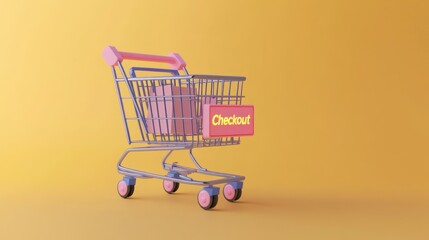 Poster - Pink Shopping Cart With Checkout Label On Yellow Background