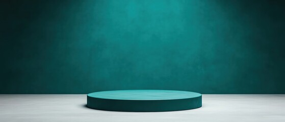 Poster - A minimalistic turquoise platform illuminated by soft light against a dark background.