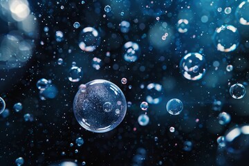 Poster - Bubbles float upward through a darkened space, illuminated by gentle light reflections, creating a tranquil and dreamy underwater ambiance