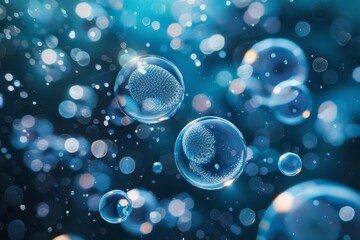 Poster - Bubbles drift amidst a deep blue backdrop, illuminated by glimmers of light, evoking a sense of serenity and tranquility in an underwater world.