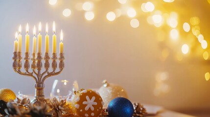 A cultural and festive scene for Hanukkah with menorah candles, dreidels, and traditional Jewish symbols against a warm and celebratory background