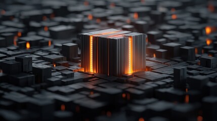 Poster - Futuristic Cybersecurity Concept Featuring Glowing Firewall Surrounded by Dark Blocks and Structure