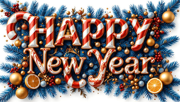 Ornate New Year word Happy New Year , candy cane striped pattern, red and white, gold accents