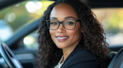 Poster - A woman with curly hair is sitting in a car and wearing glasses