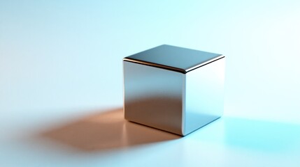 Poster - A Metallic Cube Reflects Light On A Smooth Surface