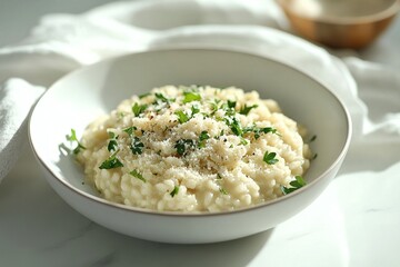 A bowl of creamy butternut squash risotto garnished with Parmesan and fresh herbs.