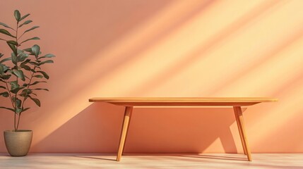 Poster - Minimalist Wooden Table and Plant Against Peach Wall