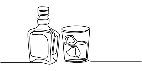 Poster - Continuous one line drawing. Bottle and glass of whiskey with ice. Vector illustration, Set of whiskey bottle and glass one line continuous drawing. Bourbon, scotch, brandy, hard drink icon. Hand draw