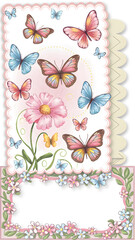 Wall Mural - Springtime theme greeting card. Colorful butterflies on light pink background. A whimsical illustration of butterflies fluttering among vibrant pink and white flowers on a soft pink background.