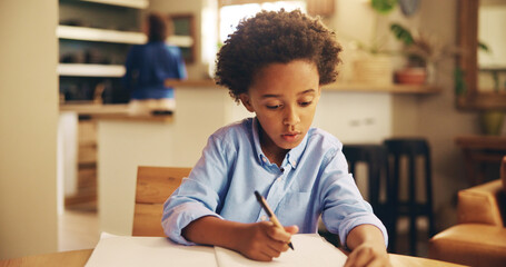 Poster - Writing, serious and child with homework, home and boy with info, education and studying for exam. Desk, growth and development of kid, knowledge and preparing for test, African and notebook in house