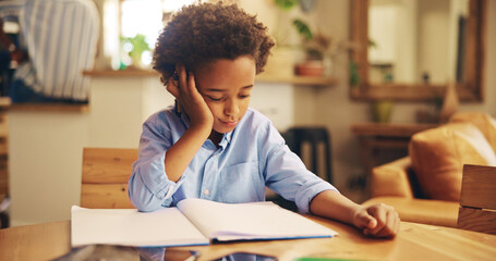 Poster - African boy, books and bored with homework, frustrated or learning disability with thinking in family home. Kid, notebook and annoyed with reading, study or tired with dyslexia for education in house