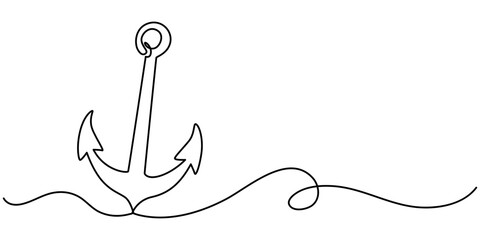 Aufkleber - Anchor continuous one line drawing vector illustration. Premium vector, Continuous line drawing of sea anchor, Large sea anchor of the ship. Set of sea ocean elements. Continuous one line drawing. 