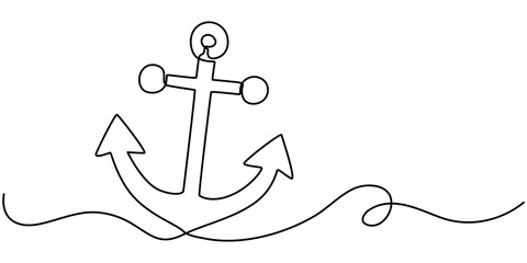 Aufkleber - Anchor continuous one line drawing vector illustration. Premium vector, Continuous line drawing of sea anchor, Large sea anchor of the ship. Set of sea ocean elements. Continuous one line drawing. 