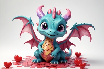 Wall Mural - Adorable baby dragon surrounded by hearts. (1)