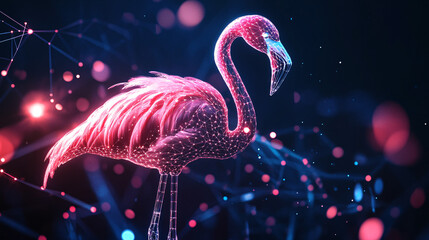 Wall Mural - A glowing flamingo icon surrounded by social behavior data, representing online birdwatching platforms, digital conservation tools, and wildlife education resources. 