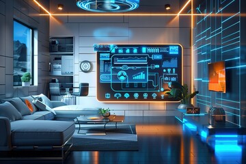 Poster - Futuristic living room with a large screen displaying a digital image