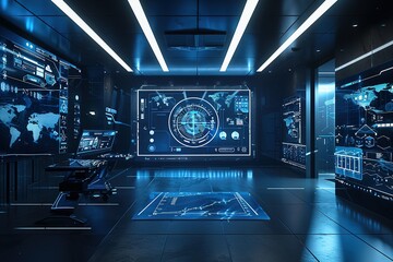 Poster - room with a large monitor and a computer on a desk