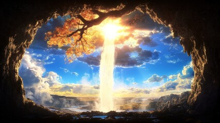 Aufkleber - A vibrant waterfall cascades from a cave, illuminated by sunlight against a picturesque sky.