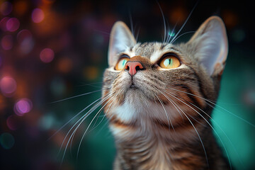 Wall Mural - Cat portrait with whiskers, kitten face, and adorable eyes in a colorful bokeh background