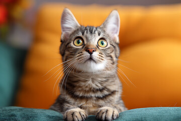 Wall Mural - Cute tabby kitten with green eyes and adorable whiskers on a yellow couch with alert expression