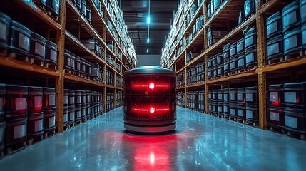 Poster - futuristic robot scanning warehouse for fraudulent digital transactions using advanced analytics