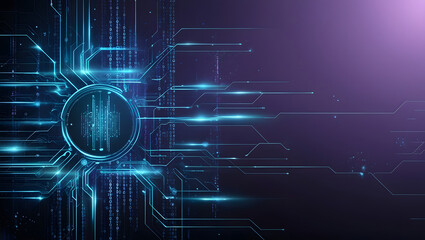 Poster - Cybersecurity Network:  A futuristic and abstract representation of a secure digital network, featuring glowing blue lines and circuitry on a dark purple background.