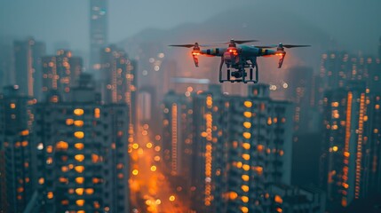 Poster - A drone hovers above a cityscape at night, illuminated by glowing windows and lights.