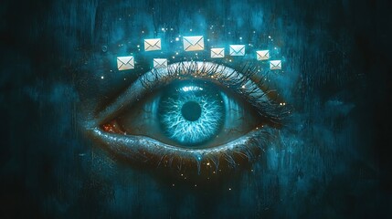 Poster - Futuristic Eye Scanning Text Messages with Floating Emotion Indicators