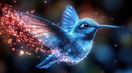 Poster - A vibrant, digital depiction of a hummingbird in flight, surrounded by sparkling particles.