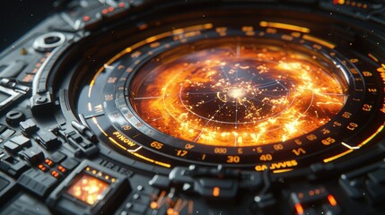 Poster - A futuristic device displaying a vibrant cosmic interface with fiery elements.