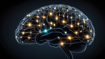 Poster - Neural Network Illuminated: A striking image of a human brain rendered in a detailed 3D model, with glowing neural pathways illuminating the intricate network of connections.