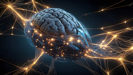 Poster - Illuminated Mind: A 3D rendering of a human brain, intricately detailed and glowing with golden neural pathways, set against a dark blue backdrop.  The image symbolizes intelligence, connection.