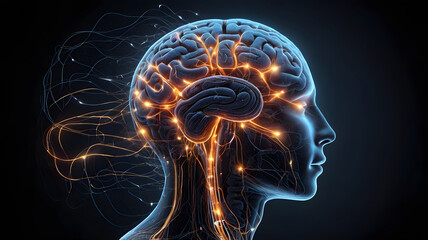Poster - Illuminated Mind: A mesmerizing 3D rendering of a human head, showcasing the intricate network of the brain with glowing neural pathways.  The image evokes a sense of intelligence, innovation.