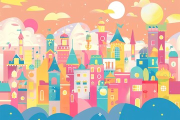  Colorful cityscape with a large moon in the sky